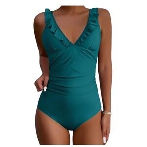 Cupshe Teal Ruffle V Neck Tummy Control One Piece‎ Swimsuit Bathing Suit XXL